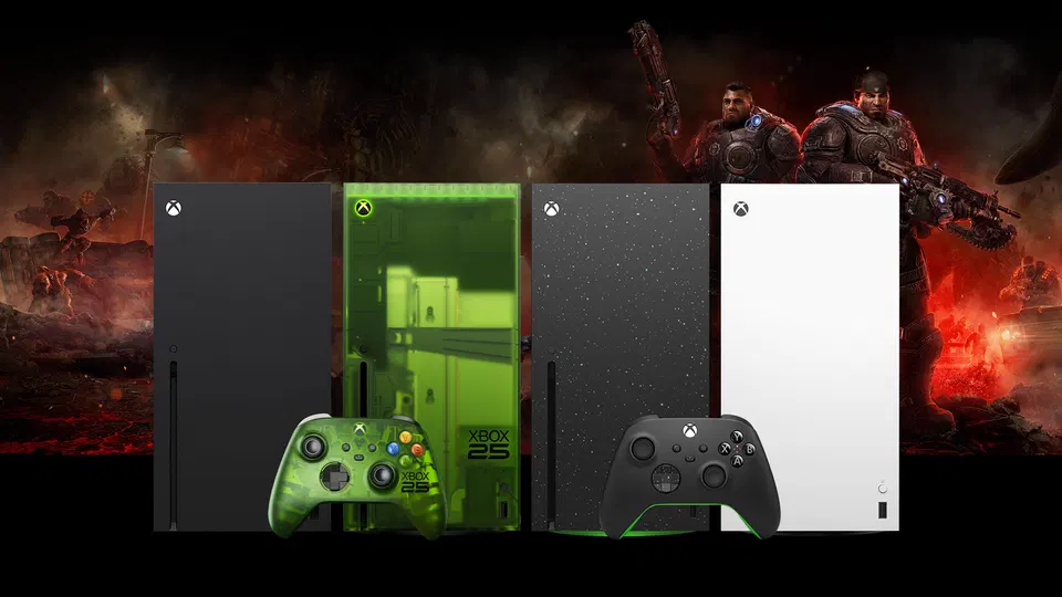 Konzole Xbox Series X, v pozadí Gears of War: E-Day